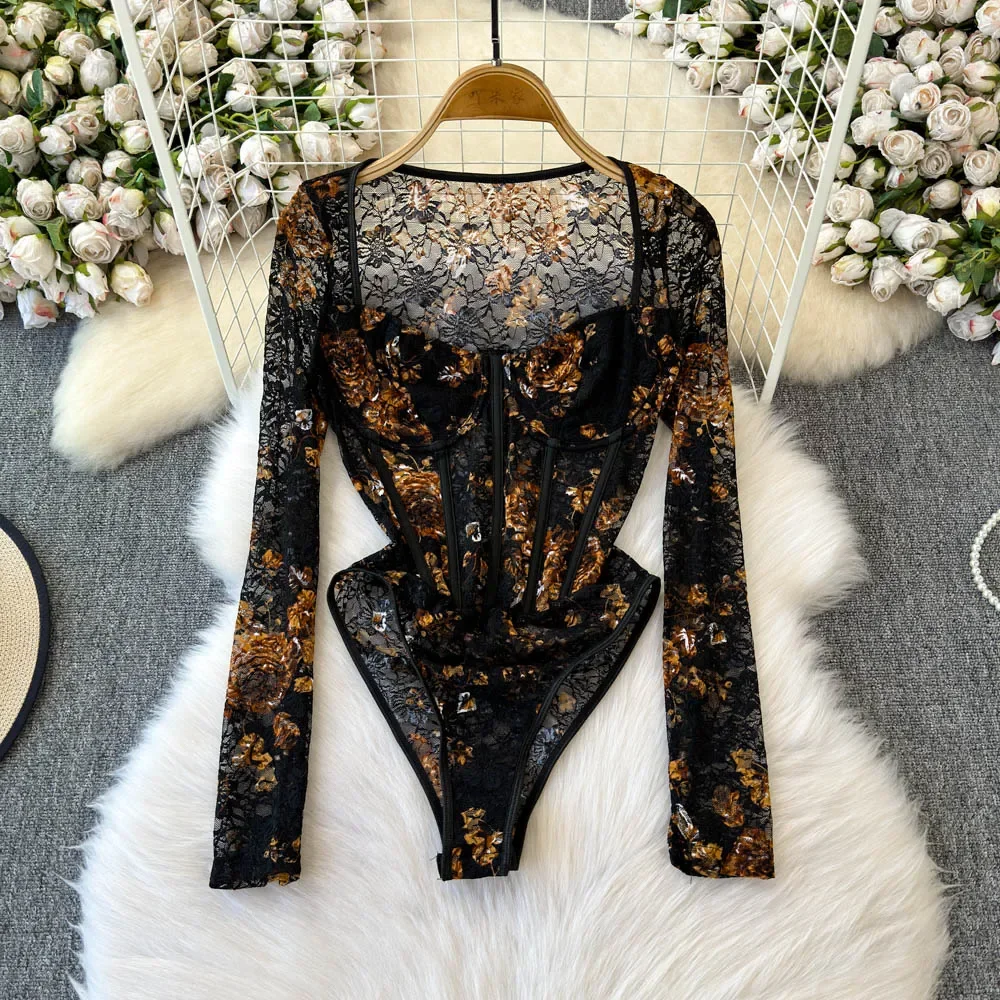 Hotsweet Square Collar Elegant Long Sleeves Chic See Through Mesh Print Bodysuits T-shirt Top Sexy High Street Autumn Jumpsuit