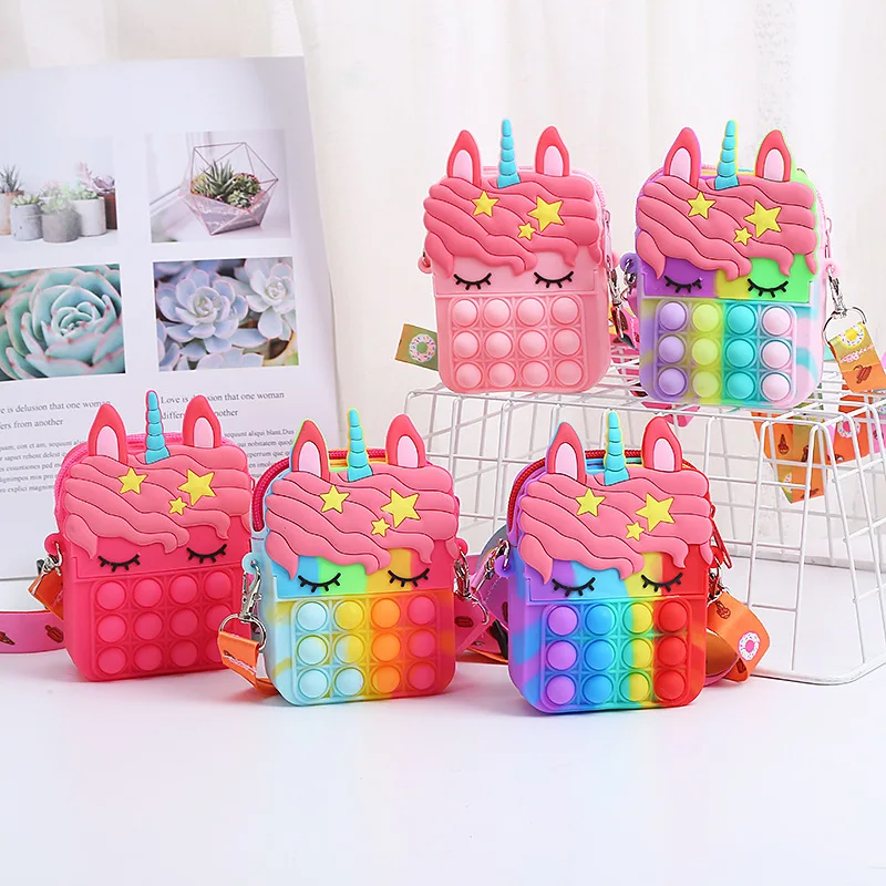 Bolso cruzado de unicornio Kawaii para niñas, bolsa de monedas, monedero para aliviar el estrés, bolsas de mensajero