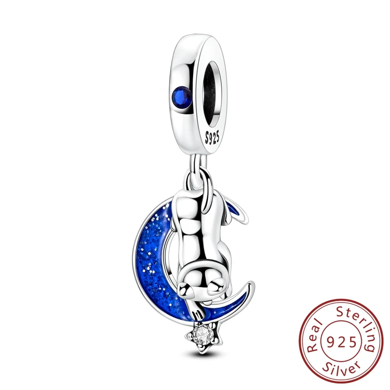 

925 Sterling Silver Cute Cat That Chases Stars Pendant Charm Fit Original Charm Bracelets Women DIY Jewelry Gift