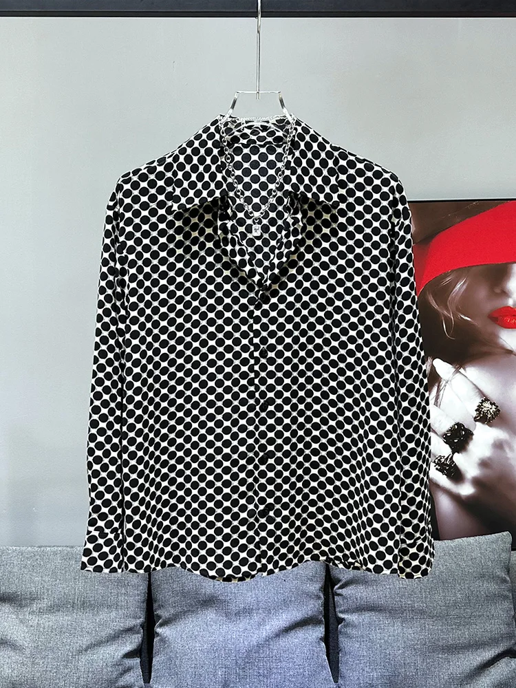 

New Spring Summer Men's Thin Chiffon Long Sleeve Shirt Fashionable Retro Polka Dot Print Loose Fit Youthful Style Iron Free