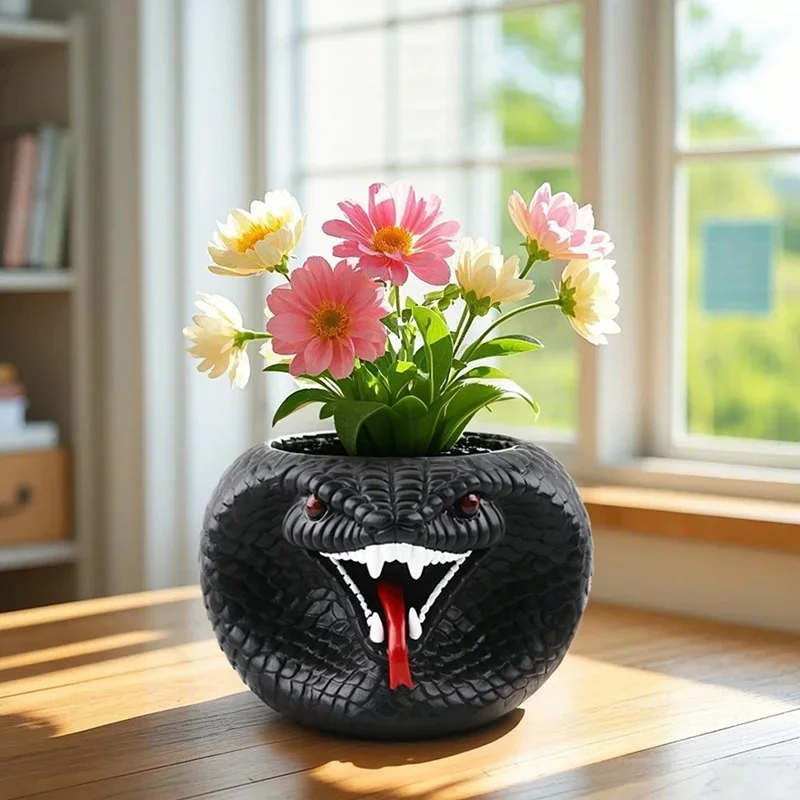 

New Black Python Venomous Tooth Red Eye Sculpture Flower Pot Creative Outdoor Green Plant Flower Vase Home Decoration Ornament