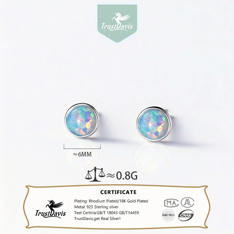Trustdavis Real 925 Silver Fashion and Simple Round Opal Stud Earrings for Women Daily Wear Jewelry Gift DS4868