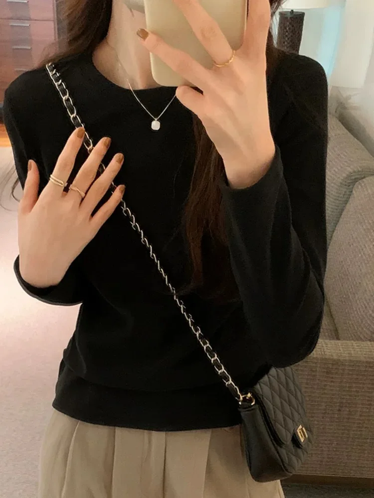 Women's Long Sleeve round Neck Base Shirt 95 Cotton Slim Fit  Color Inner Wear T-Shirt Proper Shoulder Upper Body plus Size