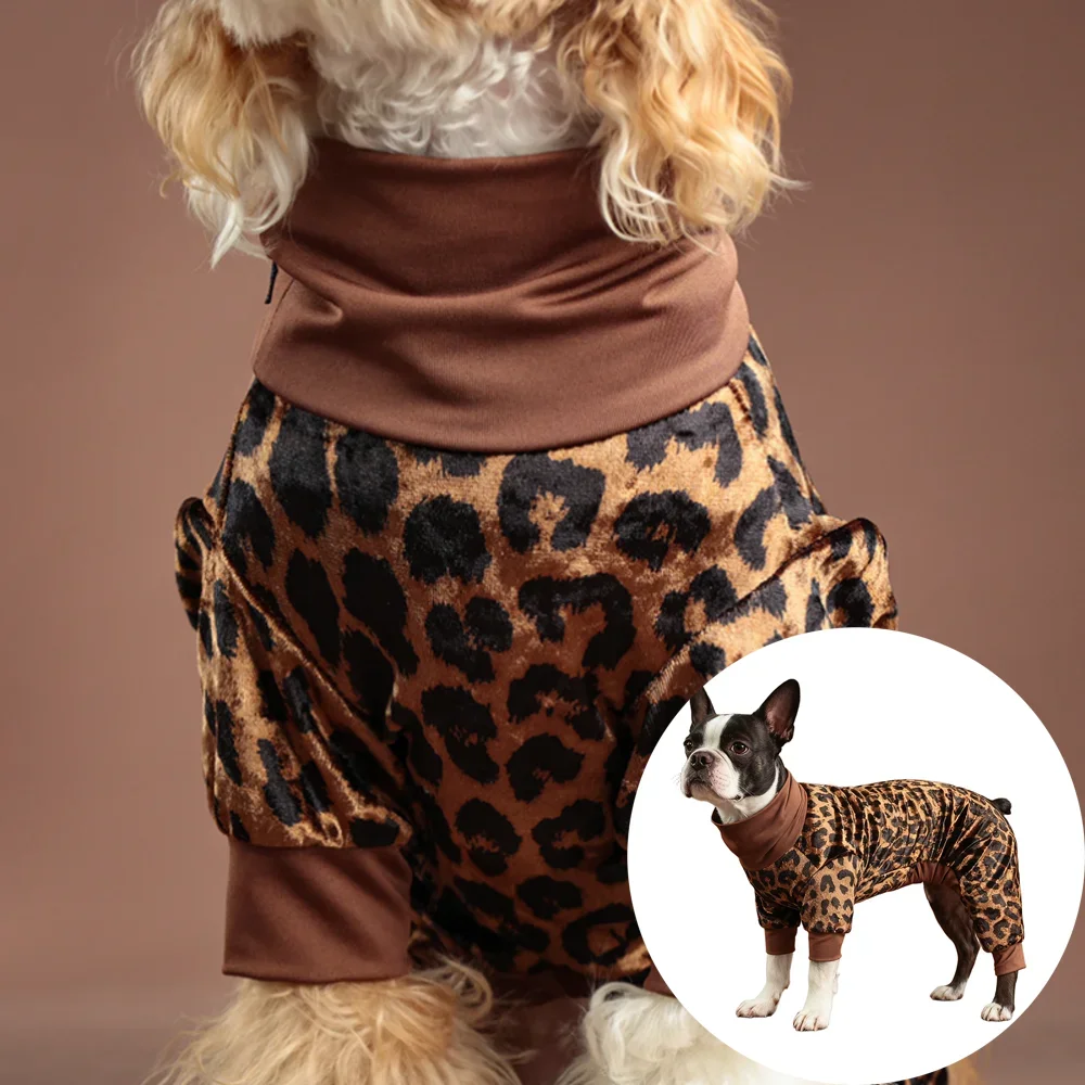 

Leopard Dog Pajamas for Small Dogs, Stretchable 4 Legs Puppy Jumpsuit, Soft Comfy Velvet Pet Costume for All Seasons
