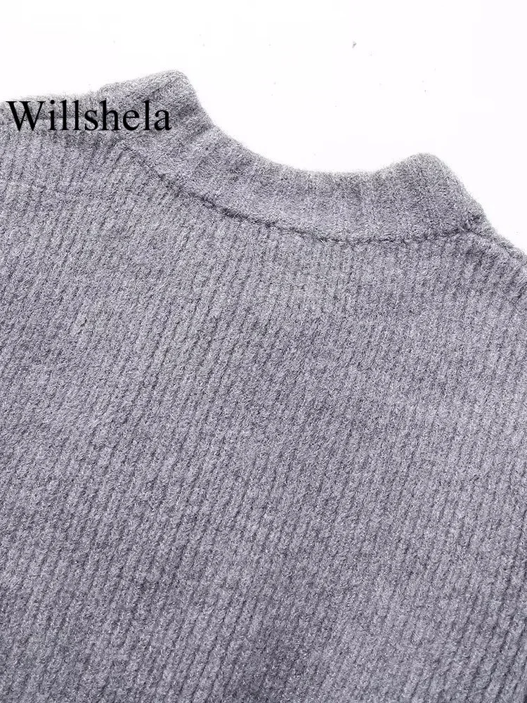 Willshela Women Fashion Grey Front Zipper Knitted Sweater Vintage O-Neck Long Sleeves Female Chic Lady Tops Outfits