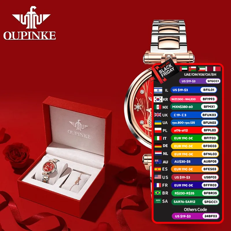 OUPINKE Women's Wrist Watch Automatid Mechanical Watch Luxury Watches For Ladies Week Date Red Dial Fashion Style 3180