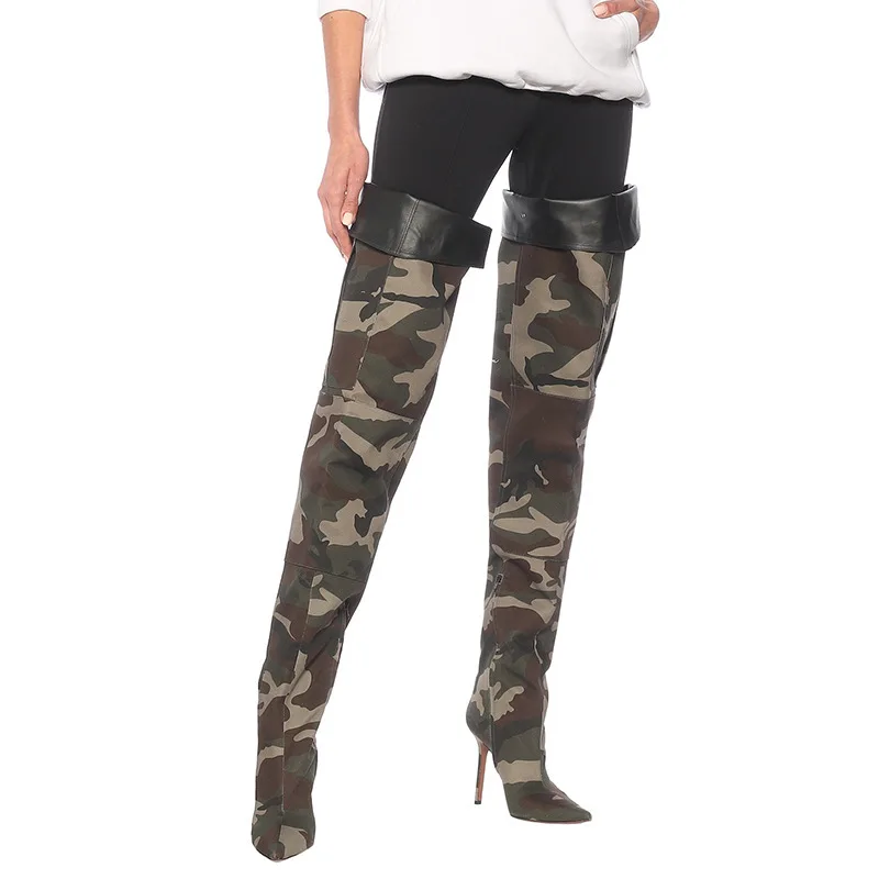 Army Green Camflague Cloth Side Pocket Thigh Boots Pointed Toe Stiletto High Heel Over Knee Boots Feminina Loose Bottes