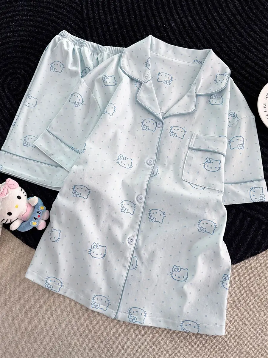 Pijama Sanrio de lunares para mujer, pantalones cortos, ropa de dormir de manga corta, pijama de verano, pijama de dibujos animados, ropa de dormir para estudiantes, traje para el hogar de Hello Kitty