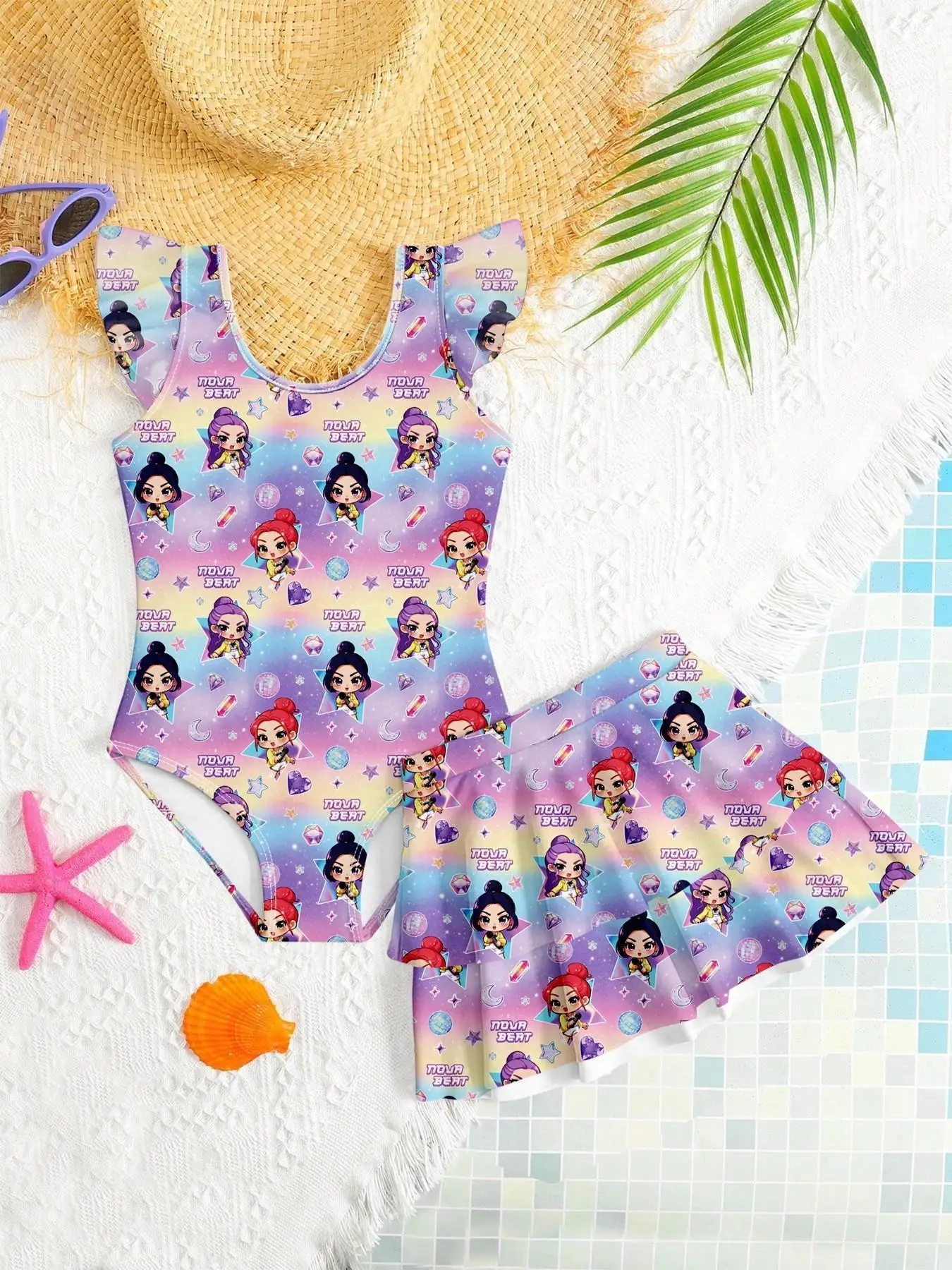 Girls' Summer Casual Swimwear, Children's Full-Print Swimsuit Set, Girls' Cartoon Character Print One-Piece Swimsuit + Cute Ruffle Skirt, Suitable for Girls over 3 Years Old to Wear at the Beach or Pool