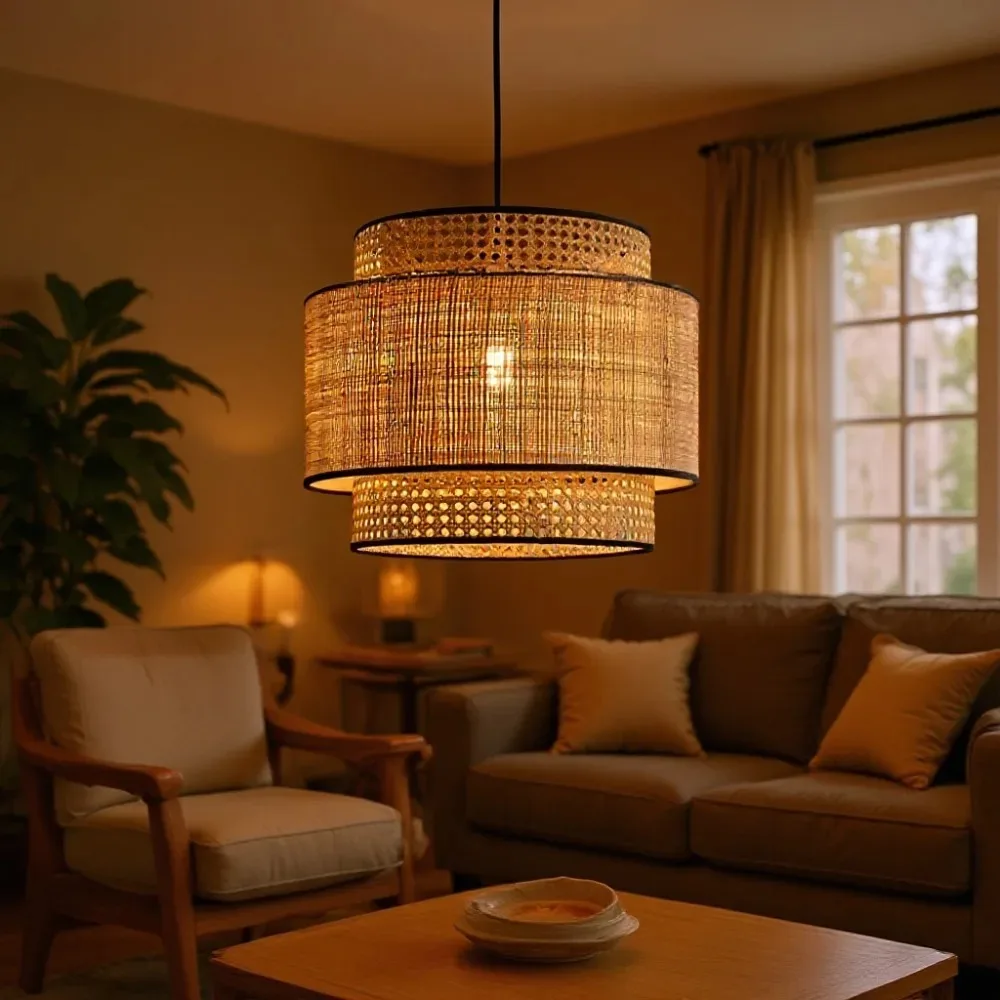 Modern Woven Lamp Shade Rattan Pendant Light Fixtures Boho Rattan Ceiling Light Hanging Lamp for Dining Room Bedroom Hallway