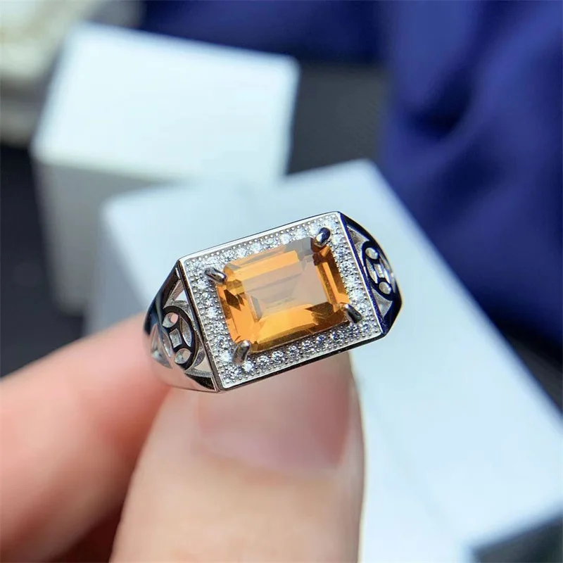 

925 Silver Natural Citrine Male Ring Retro Men's Ring Fine Jewelry with Certificate