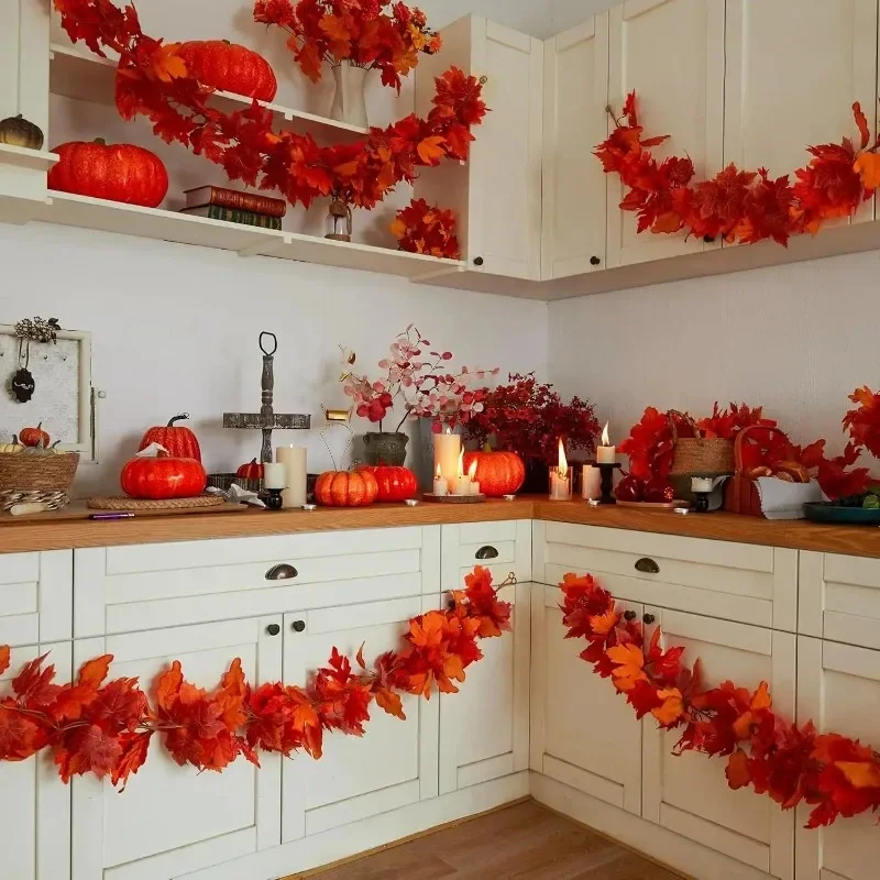 Fall Artificial Maple Leaf Garland Red Orange Hanging Vine Autumn Thanksgiving Decor For Front Door Wall Table Centerpiece