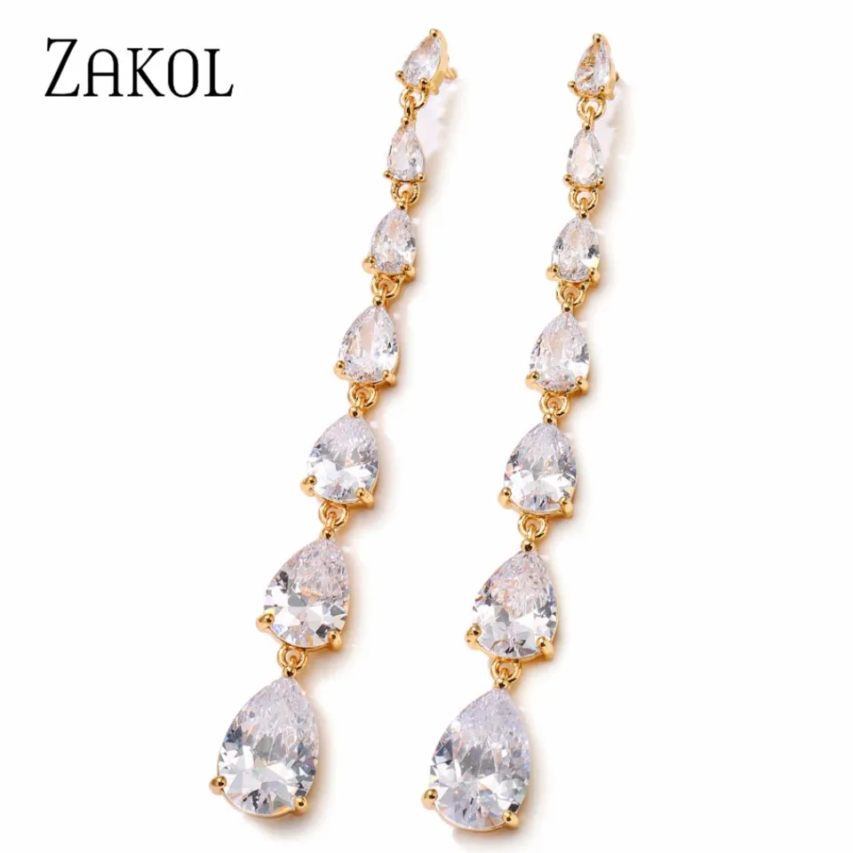 ZAKOL Luxury Water Drop Cubic Zirconia Long Dangle Earrings for Women Wedding Party Jewelry EP1086