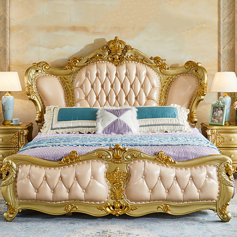 Princess Carved Double Bed European Style Vintage American Leather Luxury Queen Bed Comforter Modern Cama Casal Furniture Home