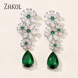 ZAKOL Vintage Luxury Green CZ Water Drop Flower Dangle Earrings Elegant Glamour Bridal Wedding Party Jewelry for Women EP5241