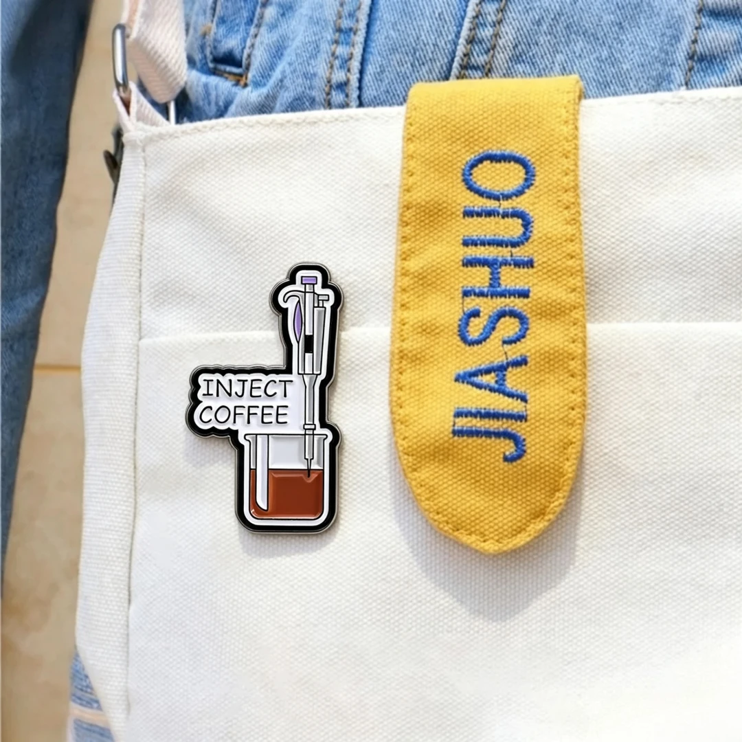Science Humor Inject Coffee Enamel Lapel Pin Lab Experiment Metal Badge Coat Backpack Fashion Ornament Coffee Geek Decor Jewelry