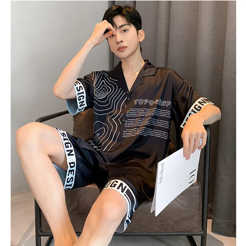 Silk Pajamas for Men Home Soft Clothing Summer Thin Tops With Shorts Pants 3 Pieces Set Roomwear Harajuku Homesuits Cool Style