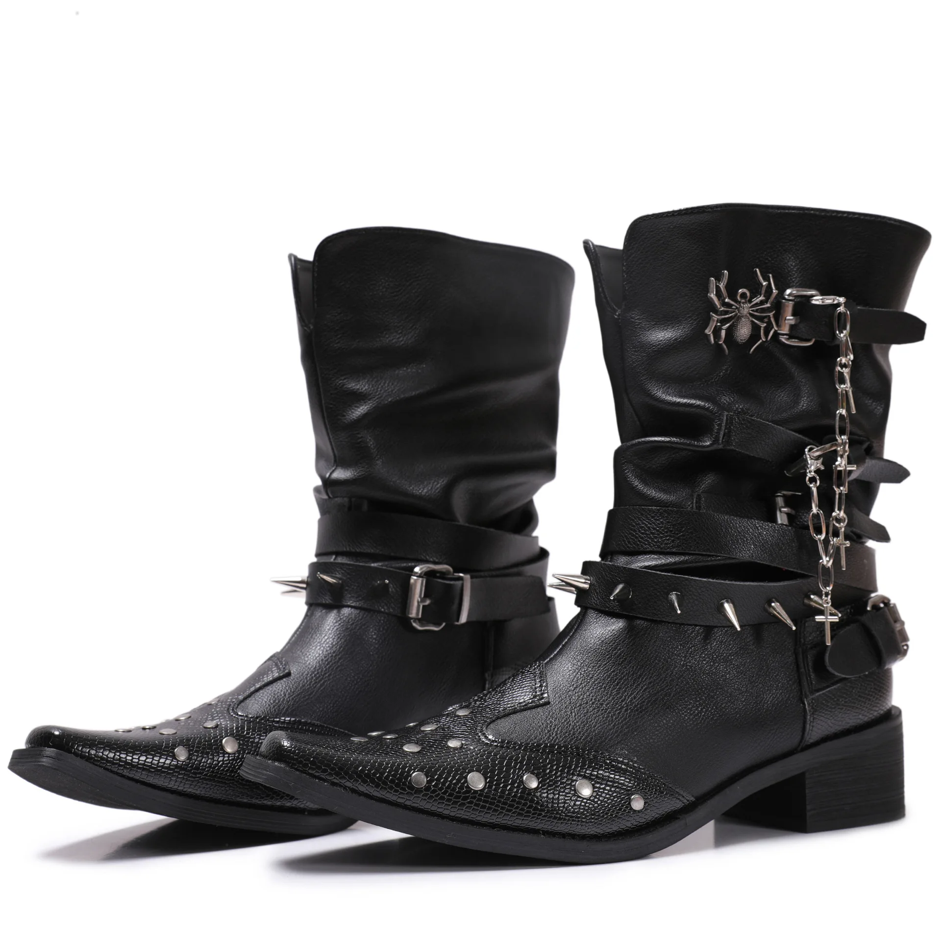 

Черные кожаные готические ботинки с украшением в виде паука, заклепками и цепочкой, сапоги до середины икры в стиле панк с острым носком для рок-выступления