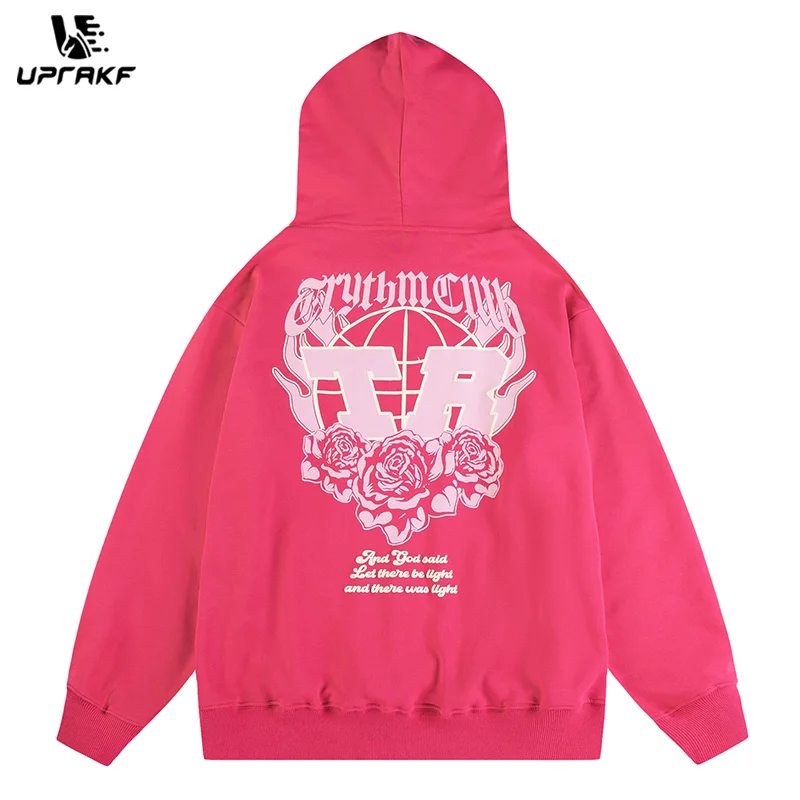 UPRAKF Streetwear Letter Rose Graphic Print Hoodie Front Pocket Loose Pullover High Quality Long Sleeve Fashion