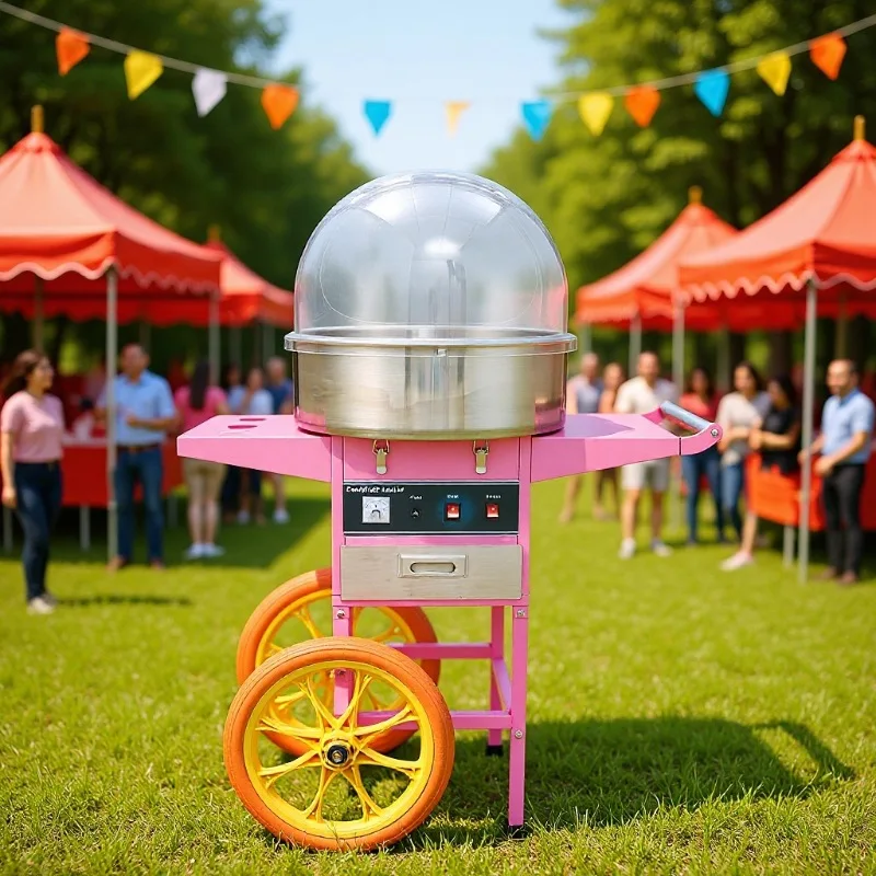 Commercial electric cotton candy machine with cart—ideal for street vending.