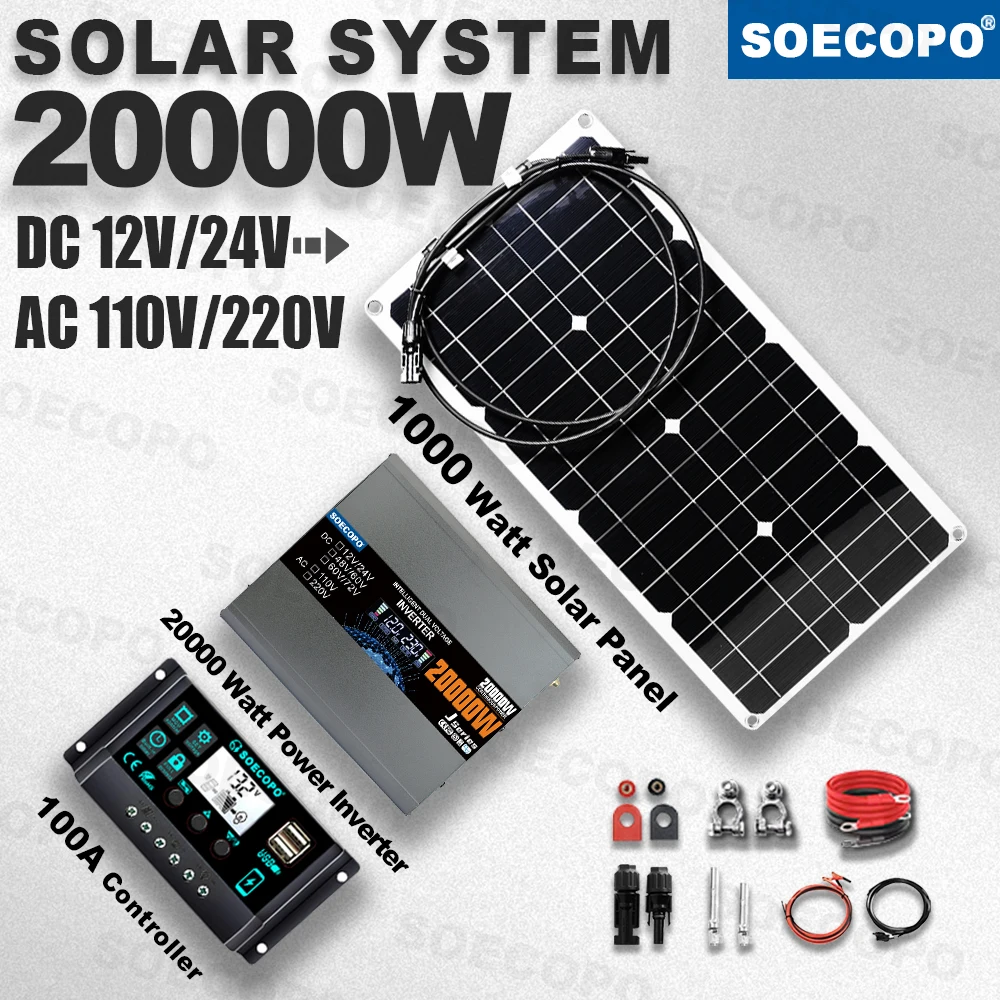 

20000W Peak Solar System Kit 1000W Panel DC12V/24V AC110V 220V Inverter 100A Controller Complete Off Grid For Camp Home portable