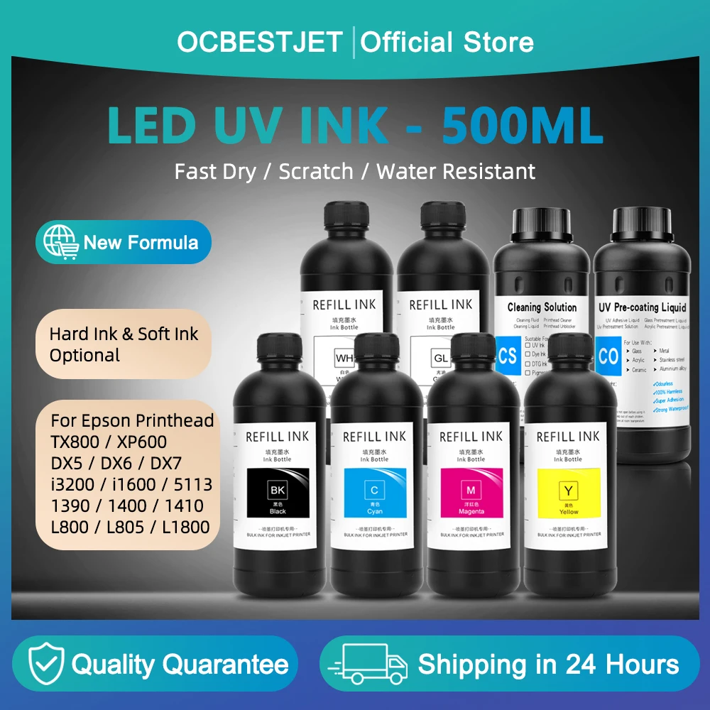 500ML LED UV Ink For Epson L800 L805 L1800 R290 R330 1390 1400 1410 1500W i3200 4720 i1600 5113 DX5 DX7 UV Printer UV Curing Ink