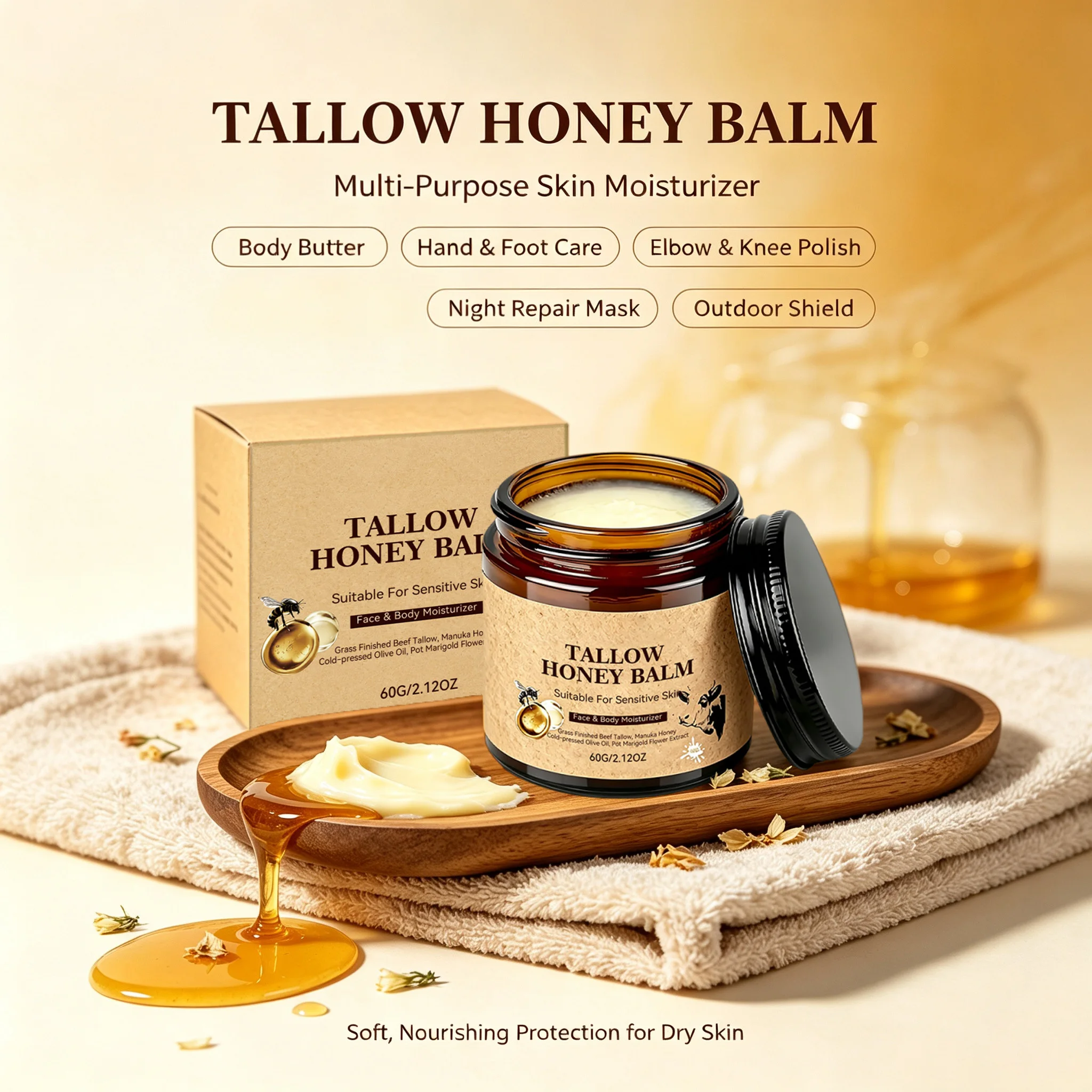 Natural Beef Tallow & Honey Balm Deep Moisturizing Body All-Season Care Nourishing Dry Cracked Skin Face Body Hydrating Balm