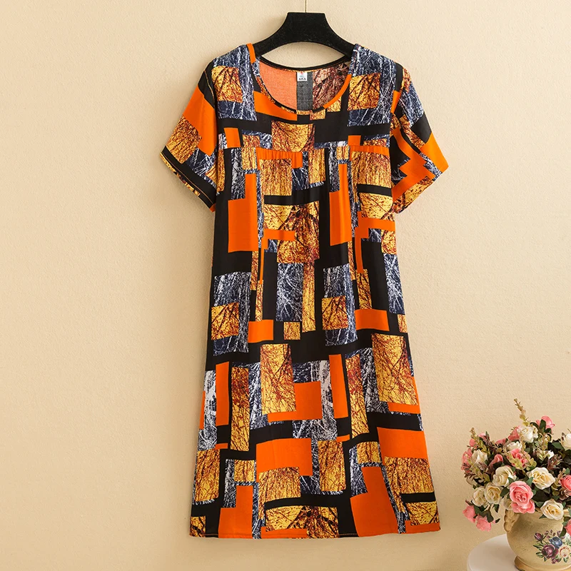 2023 Summer Printed Dresses Women Loose Vintage Sundress Ladies Beach Dresses Elegant Mid-Calf O-Neck Short Sleeve Boho Dress