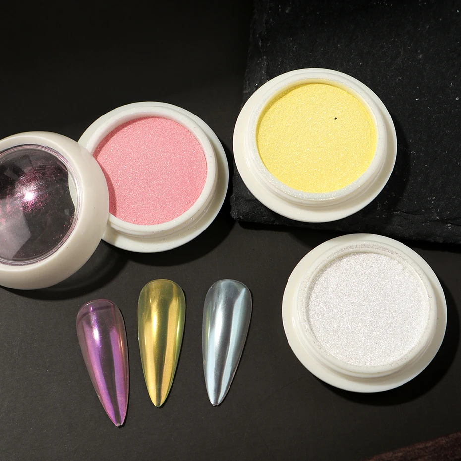 Aurora สีชมพู Chrome Nail Art Powder ไข่มุกสีขาวสีเหลือง METALLIC Mirror Glitter สําหรับเล็บฤดูใบไม้ร่วงฤดูหนาวเล็บเจลเล็บ