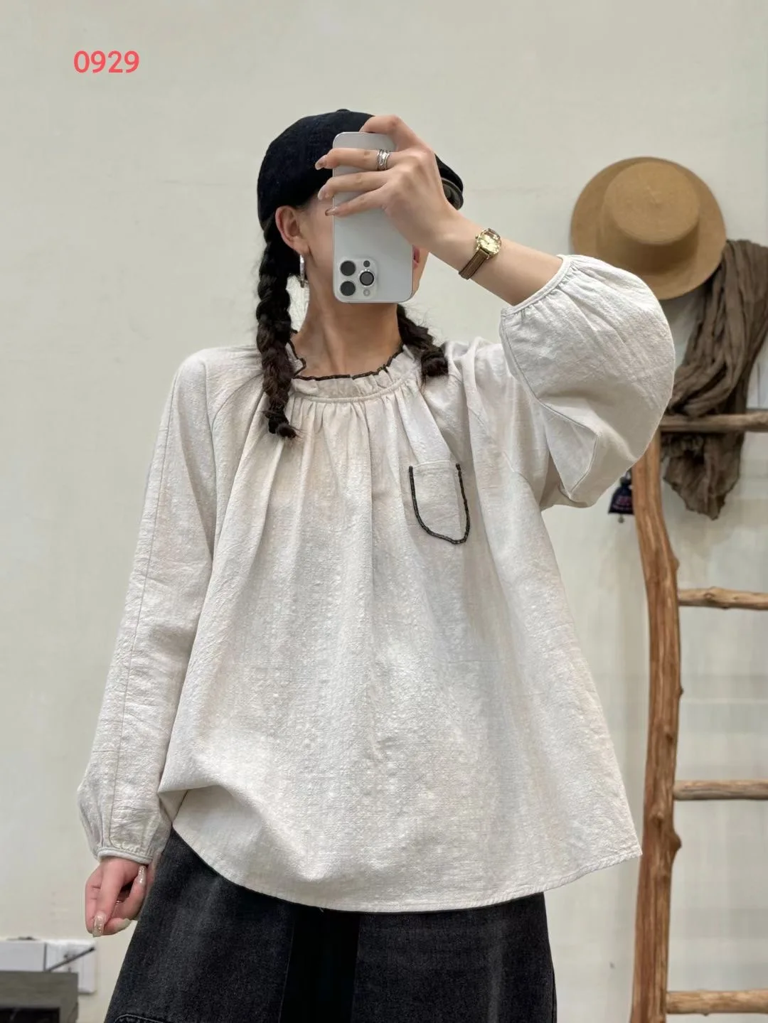 

Ready Stock] High Quality Women 100% Cotton Blouse Shirt Color Matching Closed Pullover Shoulder Sleeve Fungus Long Sleeve Top