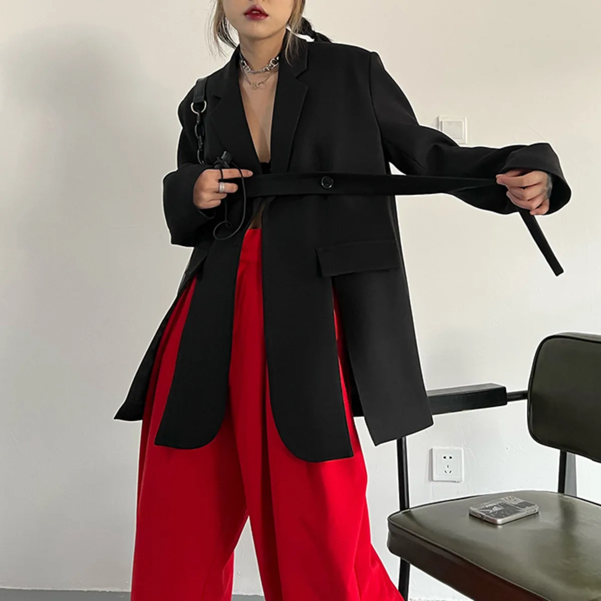 BJTZ 2025 Casual Fashion Spring Summer New Chic Stylish Blazer With Ribbon Design And Slit For Women Elegant Outwear