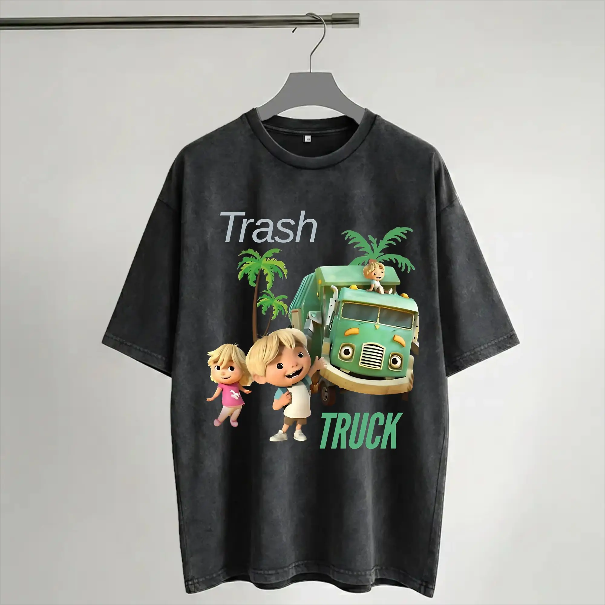 Trash Truck anime Outfit Washed T Shirts for Men Women Streetwear Hip Hop T-Shirts Printed  Tees Short Sleeve