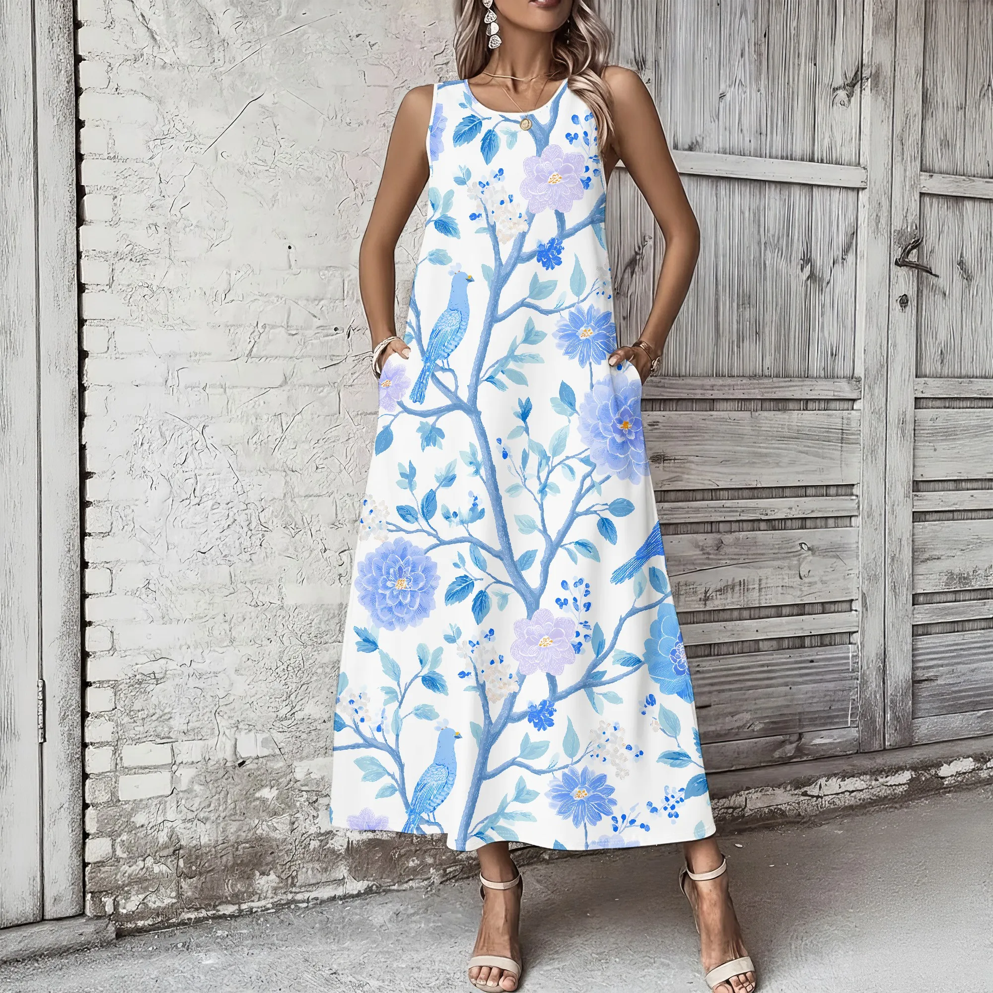 Blue Floral Print Sleeveless Maxi Dress, Bird Pattern Summer Dress, Pocket Casual Beach Dress, Vacation Sundress S-2XL