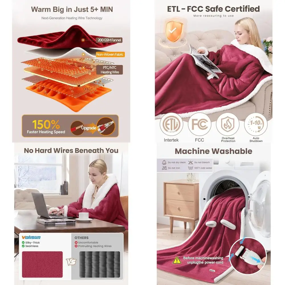 

Red Electric Heated Blanket with Foot Pocket, 9-Level Heat & Auto-Off, 50x70 Inch