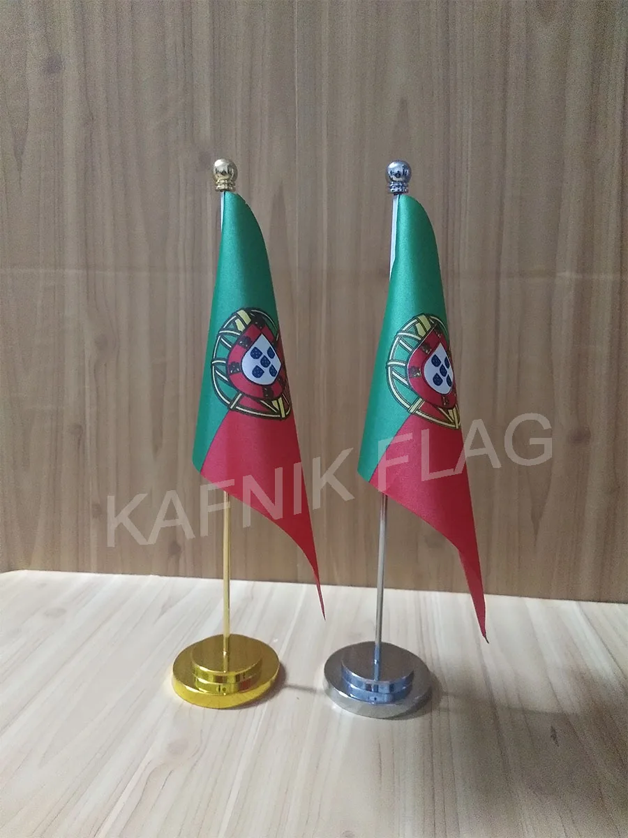 KAFNIK,Portugal Office table desk flag with gold or silver metal flagpole base 14*21cm country flag