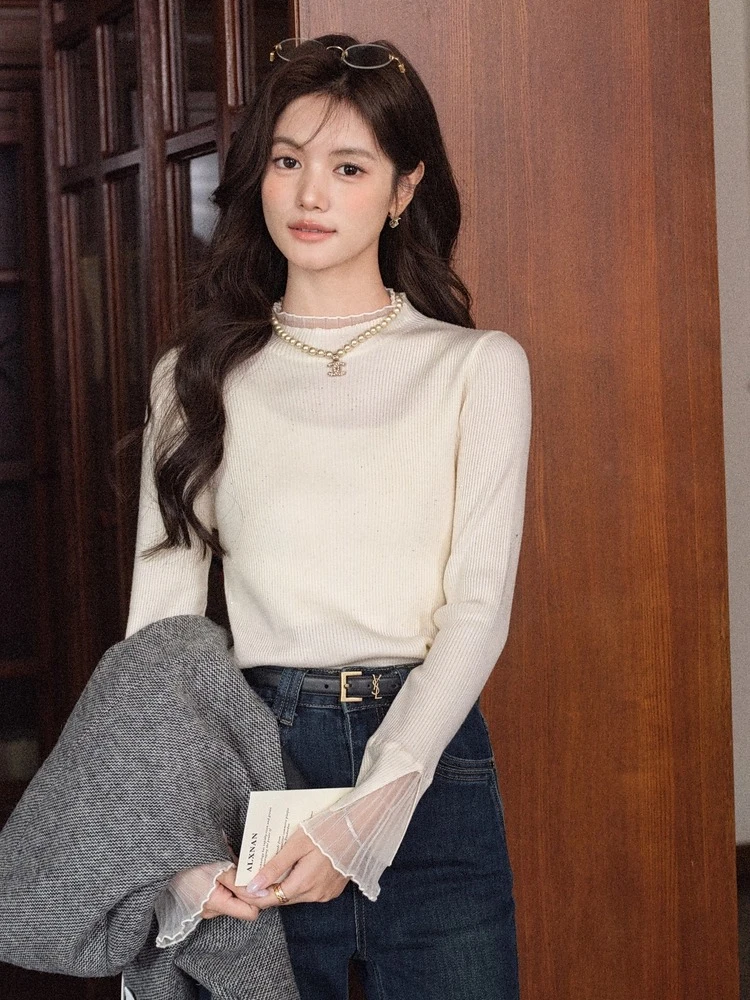 ALXNAN Plus Größe Off-white Gestrickte Pullover frauen Herbst Langarm Mesh Spleißen Pullover 2025, Elegante Casual Tops D57808