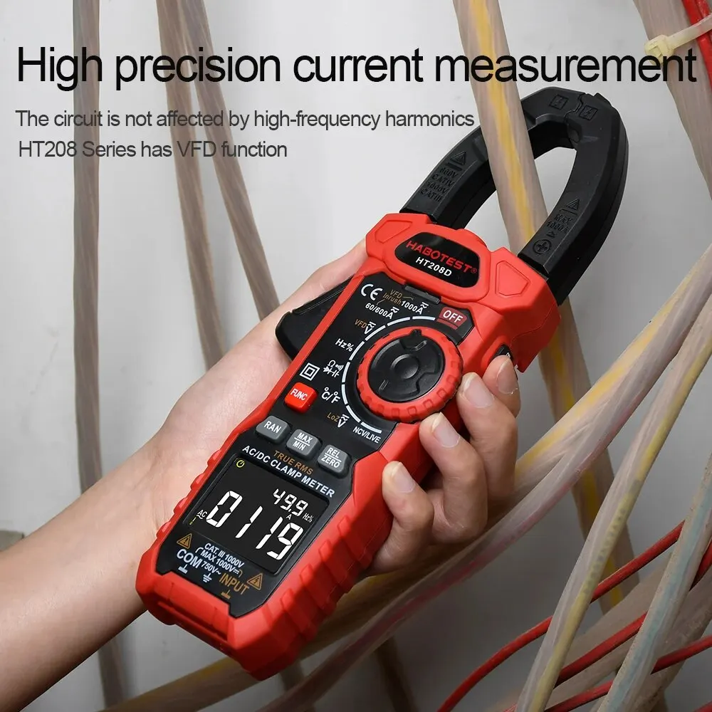 HT208D Amp Meter Clamp AC/DC, 1000A True RMS Multimeter Tester, 6000 zliczeń, z temperaturą, NCV, LPF, test napięcia i prądu