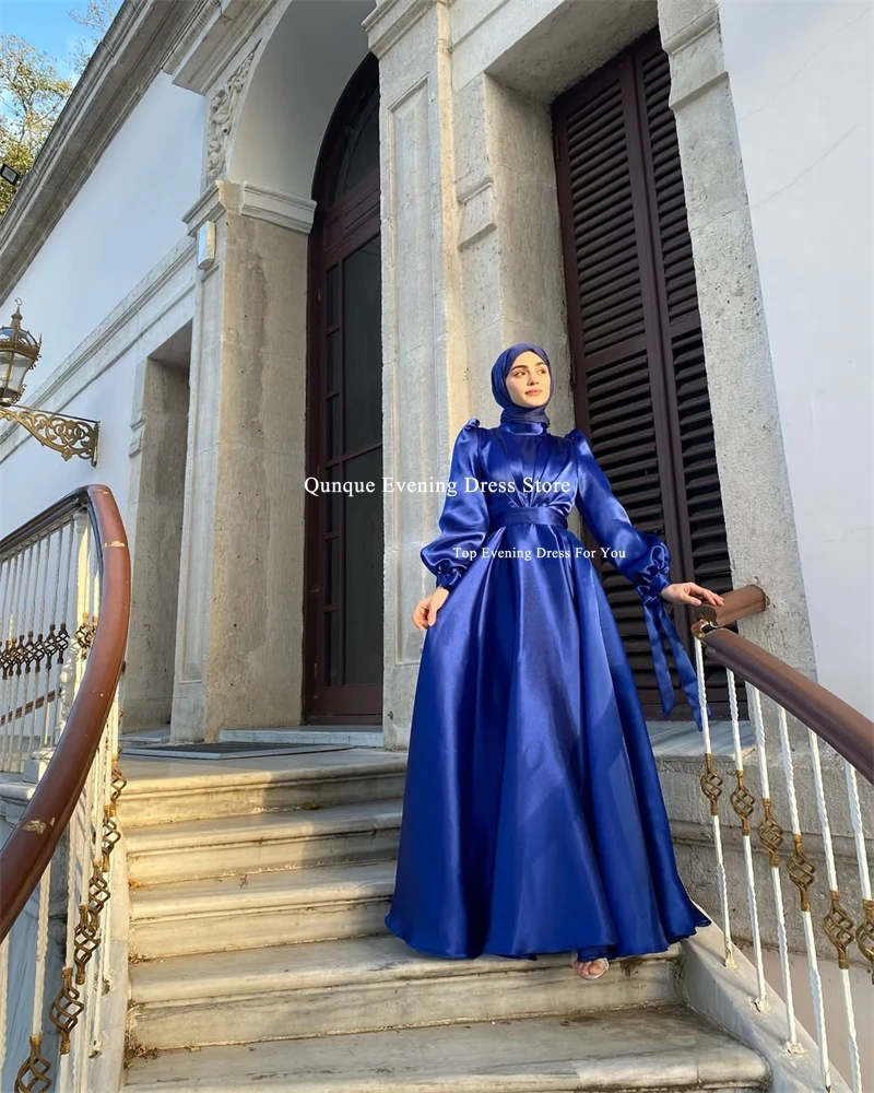 Qunque bleu royal robes de soirée musulmanes col haut a-ligne manches longues bouffantes robe de bal formelle robes de soirée de demoiselle d'honneur personnalisées