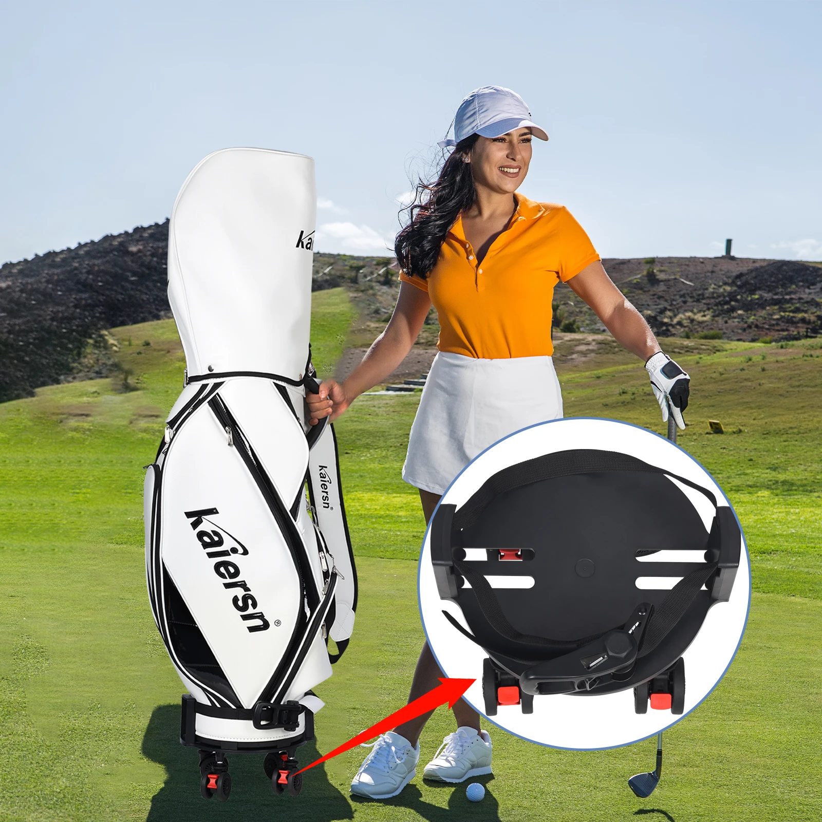 Universal Golf Bag Mobile Tray - Heavy-duty Rotating Wheel Trolley with Detachable Base Plate, Suitable for 8-10 Inch Golf Bags