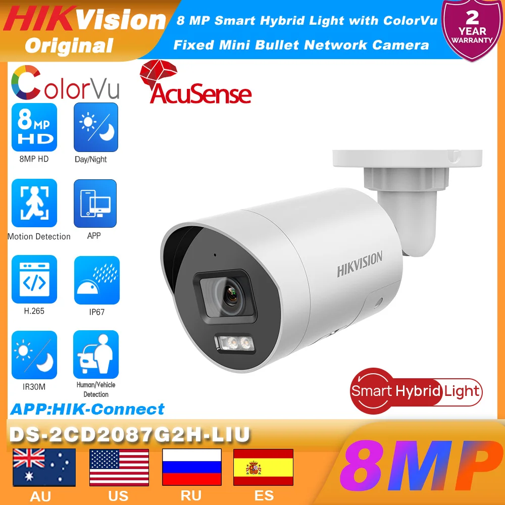 Hikvision DS-2CD2087G2H-LIU 4K 8MP IP Camera AcuSense Smart Hybrid Light Colorvu Built-in MIC SD Slot IP67 POE Bullet CCTV IPC