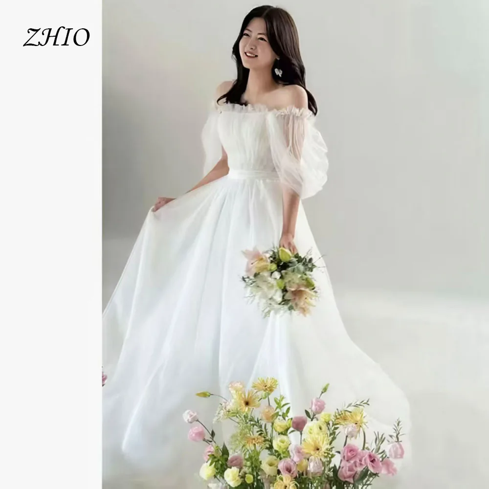 

ZHIO Princess Puff Sleeves Wedding Party Dress Off Shoulder White Organza A-Line Korea Photo Shoot Bridal Gown Custom 웨딩드레스