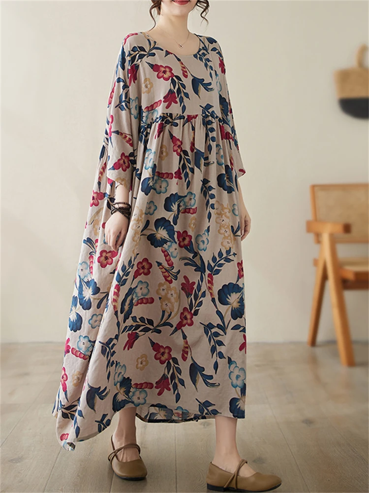 Oversize Cotton Vintage Print Dresses For Women 2024 Summer Casual Loose Long Dress Femme Robe Vestidos Holiday Beach Clothing