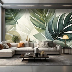 Abstract Simple Hand-painted Green Leaves Wallpaper Art Restaurant Cafe Background Wall Papel De Parede Home Decor 3D  Mural