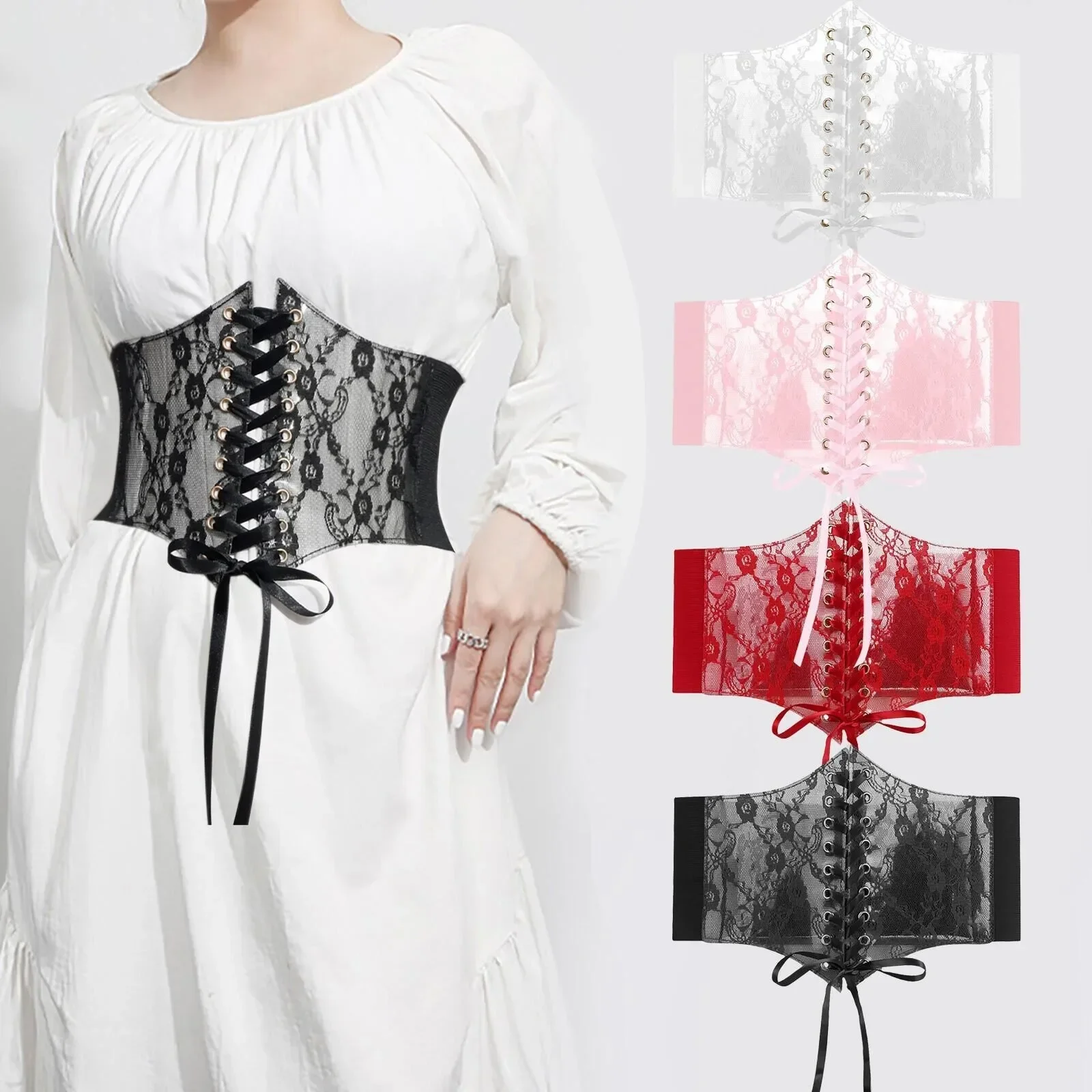 Transparent Lace Elastic Waistband Female Ultra Wide Belt Vintage Skirt Lolita Decorative Body Shaper Girdle Corset Harajuku y2k