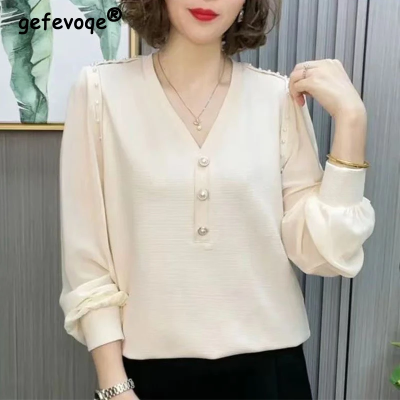 Women\'s Clothing Patchwork Elegant Chic Beaded Blouses Spring Autumn Fashion V Neck Long Sleeve Shirts Casual Loose Ladies Tops