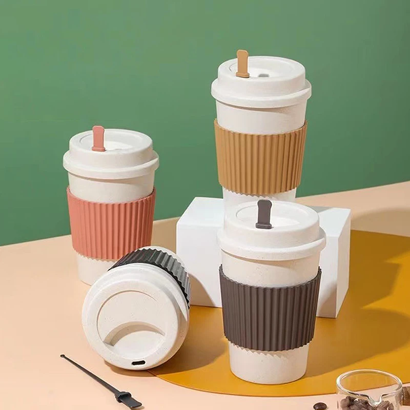 Taza de viaje portátil con tapa, taza de café de paja de trigo reutilizable, anticaída con funda antideslizante, tazas para deportes, hogar, cocina, Bar