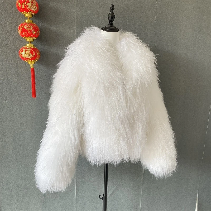 Abrigos de piel mongol para mujer, chaqueta con solapa de piel, elegante, blanco, esponjoso, sólido, grueso, cálido, de manga larga, Chic, de gran