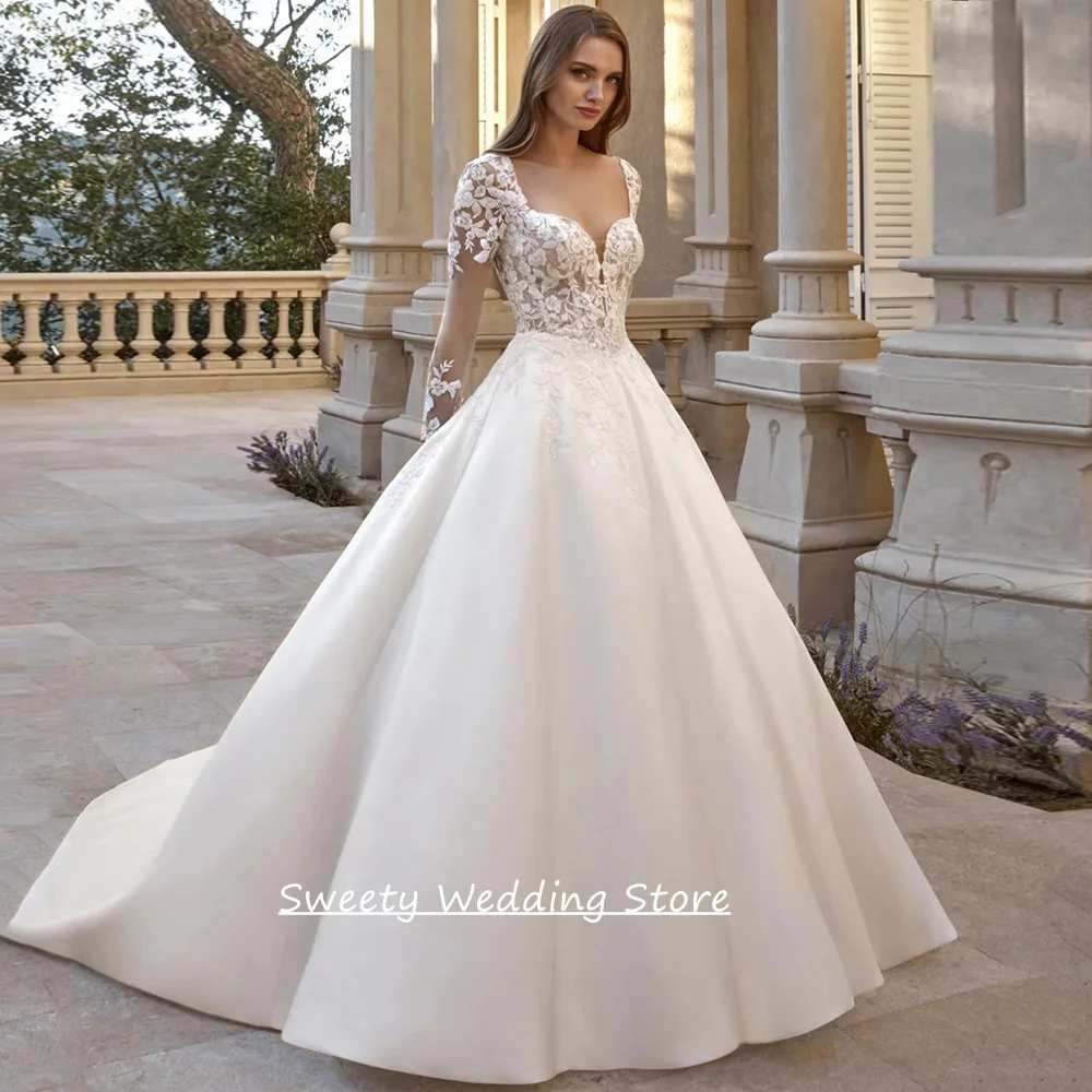 Classic Bride Wedding Dress Customized Long Sleeves V Neck Sequined Applique  Sweep Train Satin Ball Gown Bridal Dresses