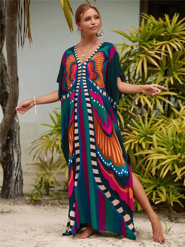 

2024 Multicolored Kaftan Bohemian Printed V-neck Batwing Sleeve Maxi Dress Women Beachwear Half Sleeve Maxi Dress Robe Q1342