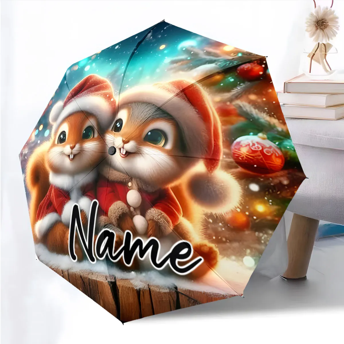 Custom Name Christmas-Themed Squirrel Umbrella with Cute Design Print 8 Iron Ribs Folding Umbrella, Auto-Open Fashion Sunshade